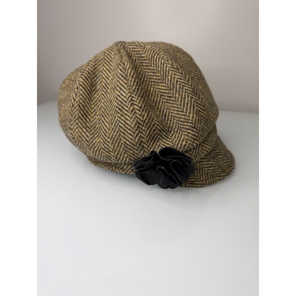 Mucros Weavers Newsboy Wool Hat Women Gray Herringbone Tweed Flower Ireland Boho